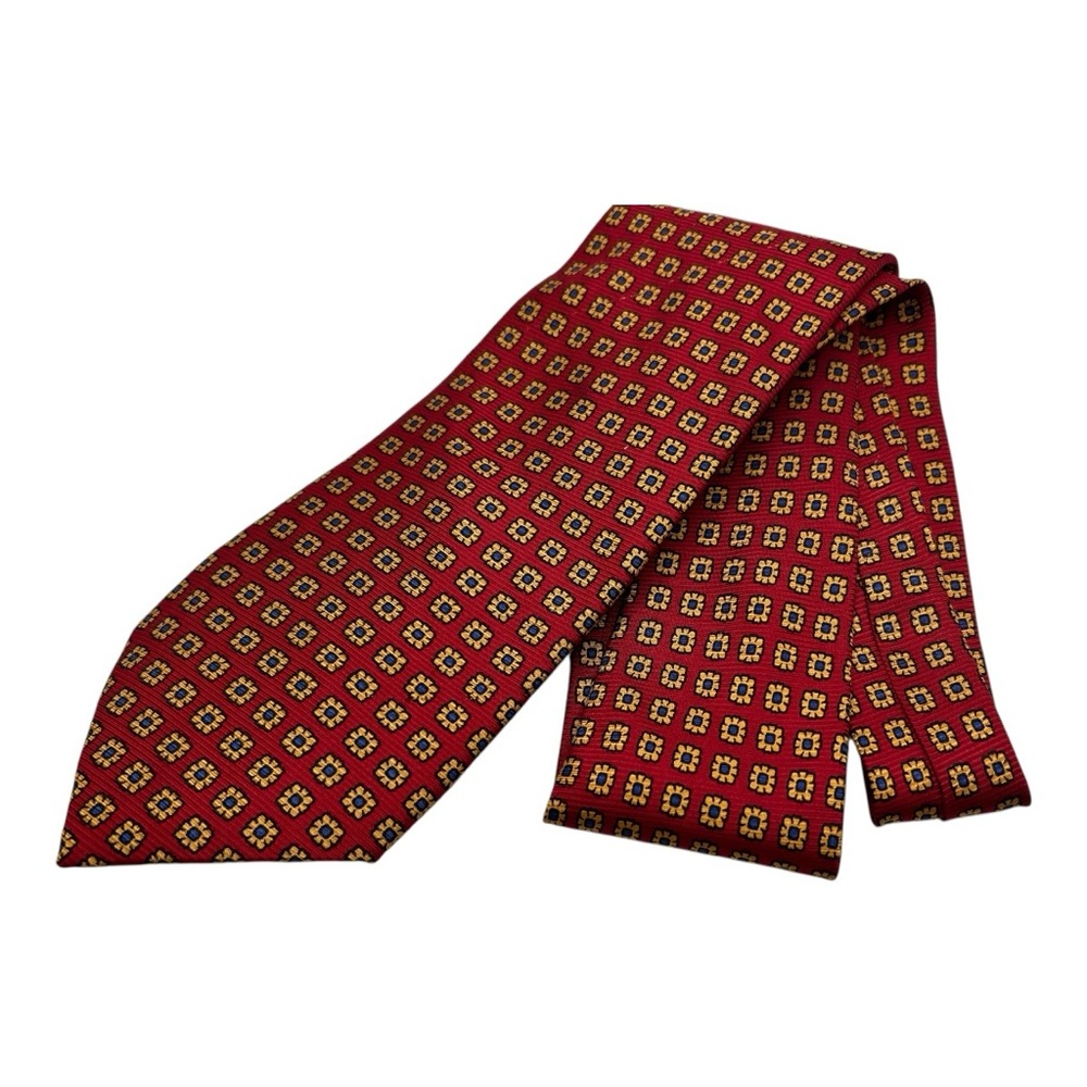 Vtg Lands End Silk Tie Red Geometric Yellow Blue Hand Made 59”